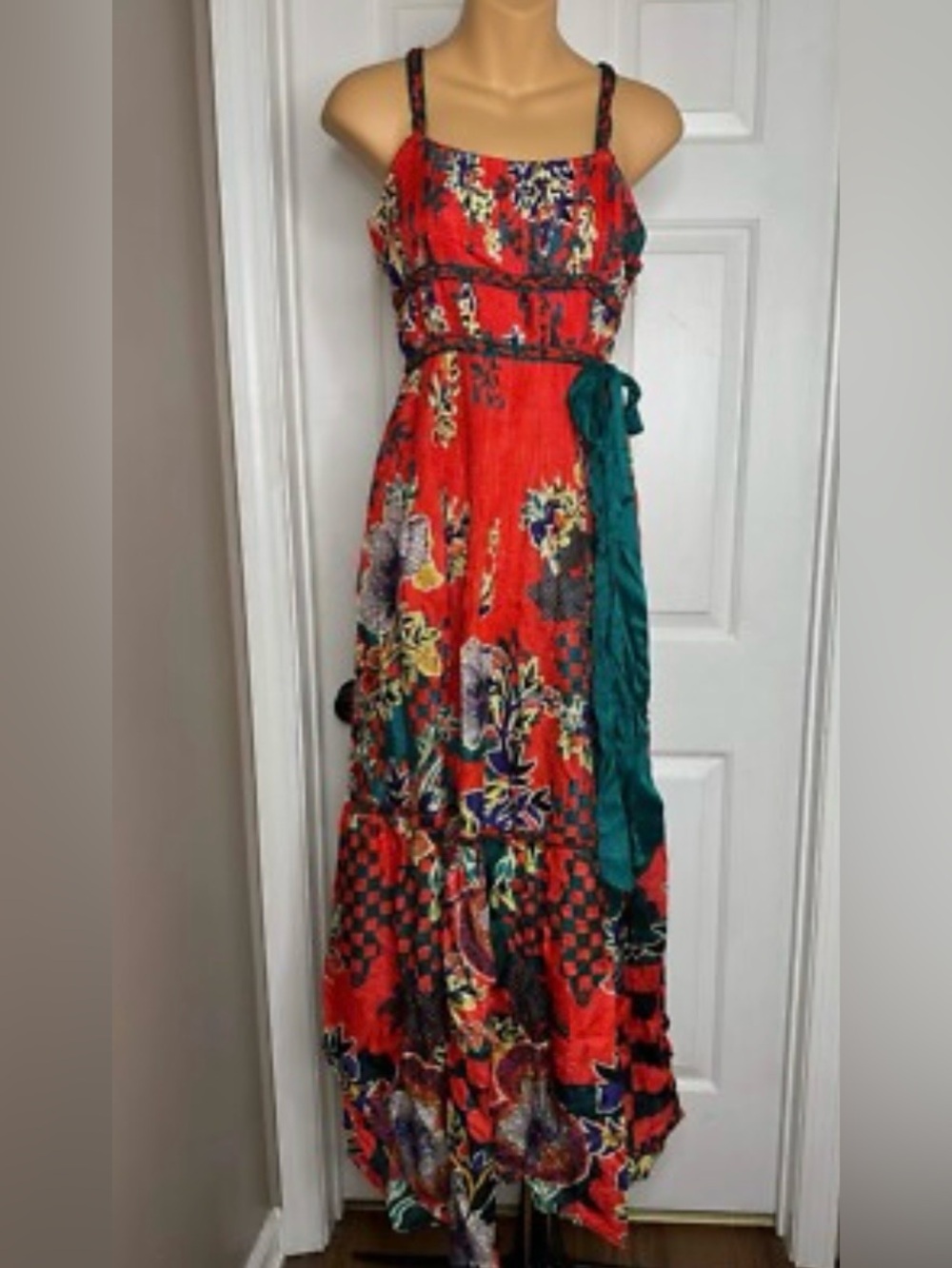 Women’s Red Floral Maxi Dress with Green Sash